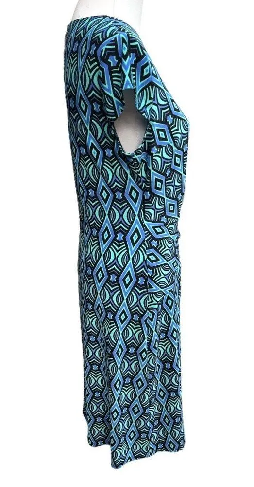 Evan Picone Pattern Faux Wrap Midi Dress Blue Teal Black Size 10 - Image 2