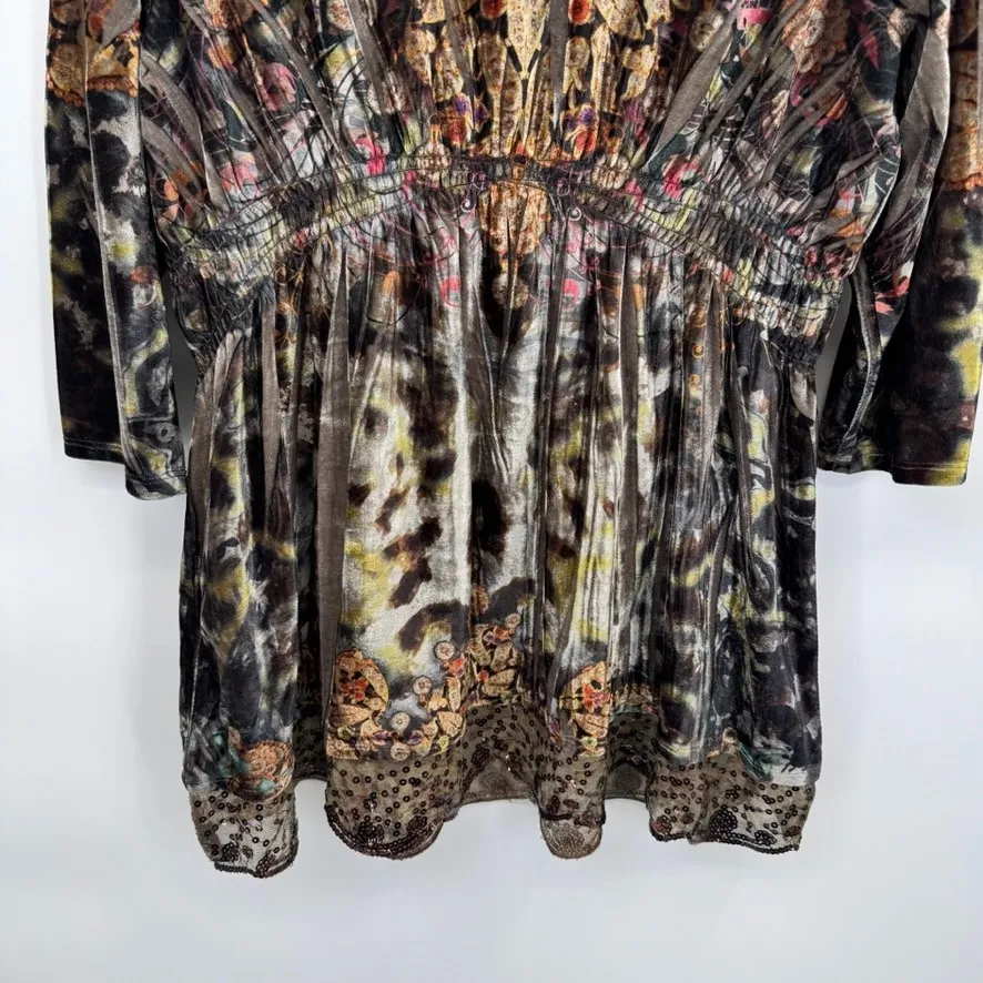 Y2K One World Top Womens 1X Brown Velvet Burnout Butterfly Print Forest Fairy - Image 11