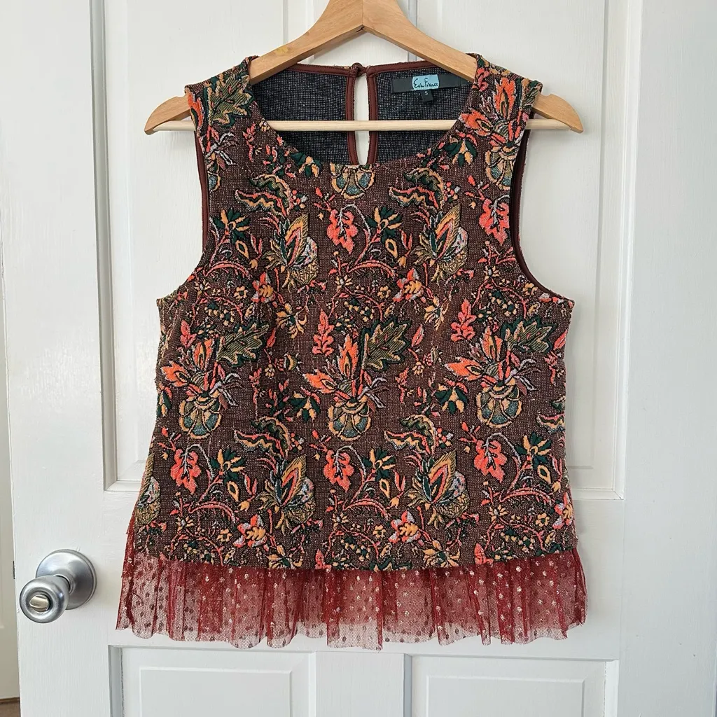 Anthropologie EVA FRANCO Jacquard Sleeveless Top Tulle Ruffle Hem Size S - Image 2