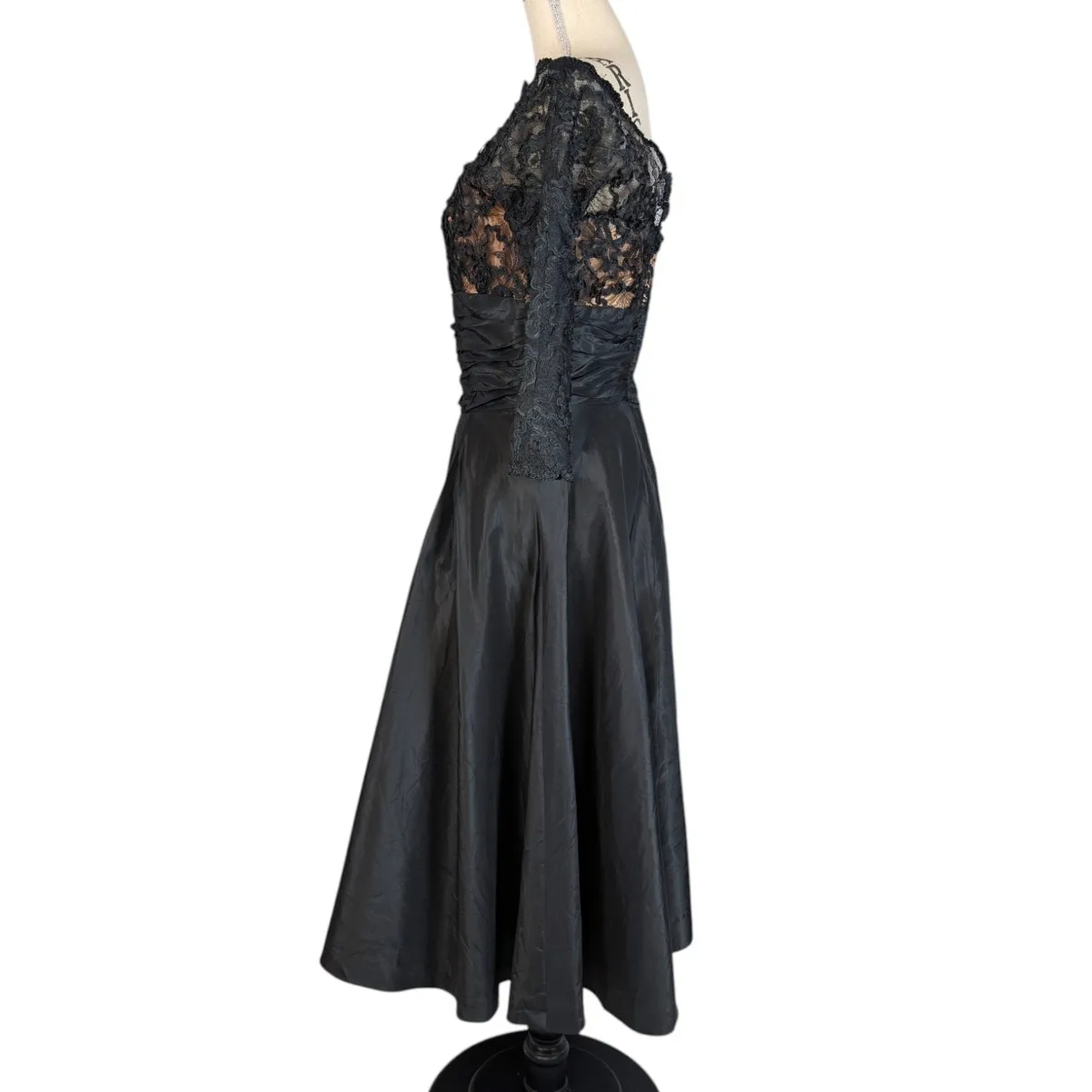 Vintage 1950s Black Lace Cocktail Dress Ruched Waist Full Skirt Mid-Century - Image 3