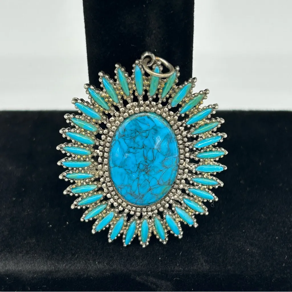 Vintage Turquoise Sunburst Pendant Boho Southwestern Statement Blue - Image 3