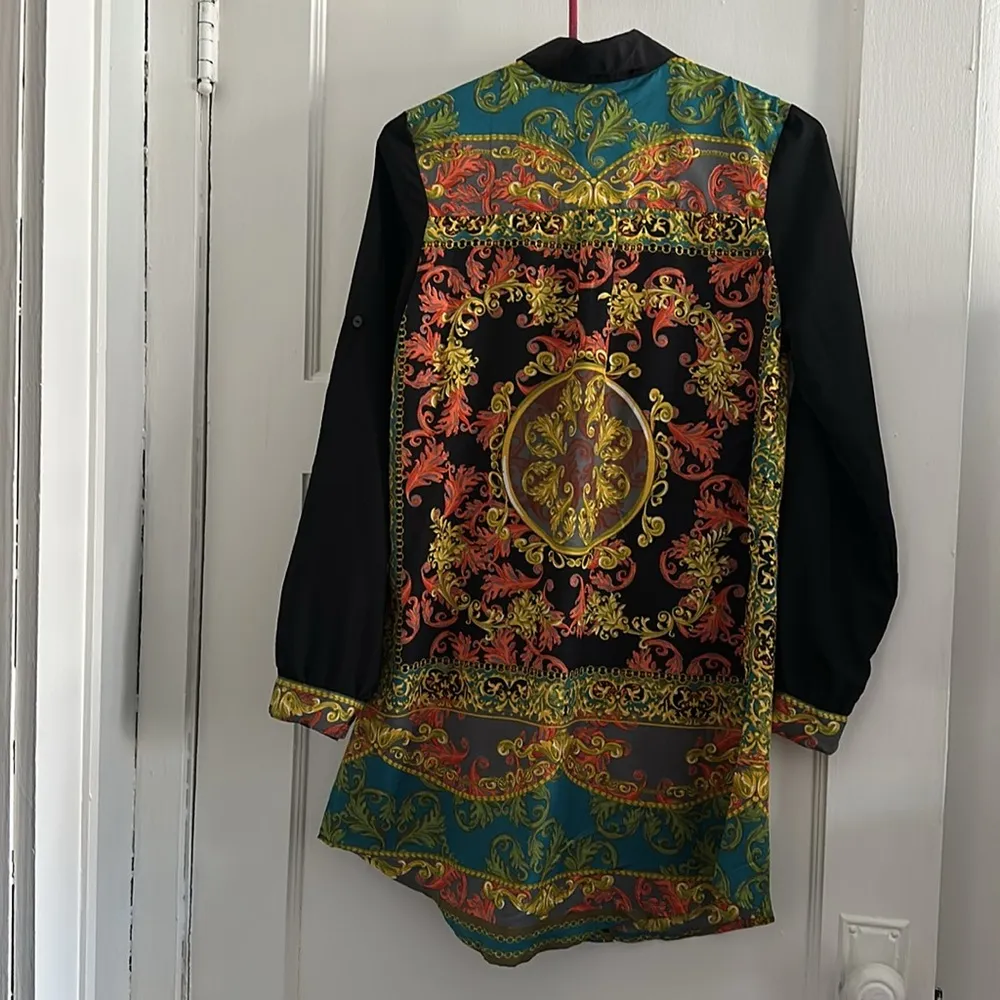 Angie Baroque Paisley Pattern Shirt Dress Black Blue Green Yellow Scroll NWT S - Image 4