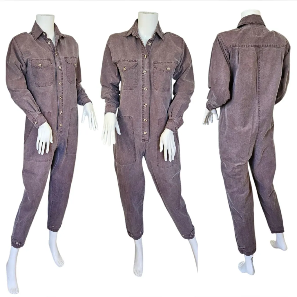 Vintage 1980’s Banana Republic Purple Button-Up Jumpsuit with Shoulderpads - Image 2