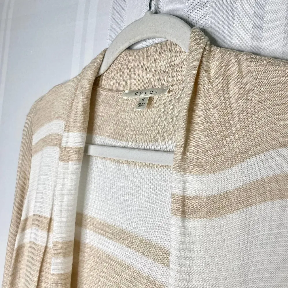 cyrus Striped Lightweight Long Sleeve Open Cardigan Sweater Beige White Medium - Image 2