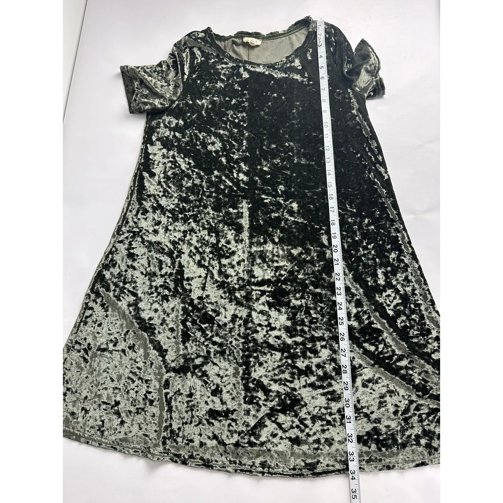 POL Size Small Olive Green Velvet Mini Shift Dress Short Sleeves Party Loose Fit - Image 7