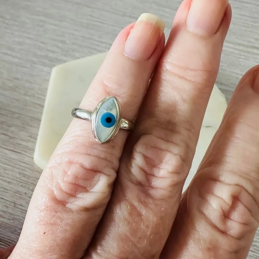 Evil Eye Composite Shell And Turquoise Sterling Silver Ring - Image 2
