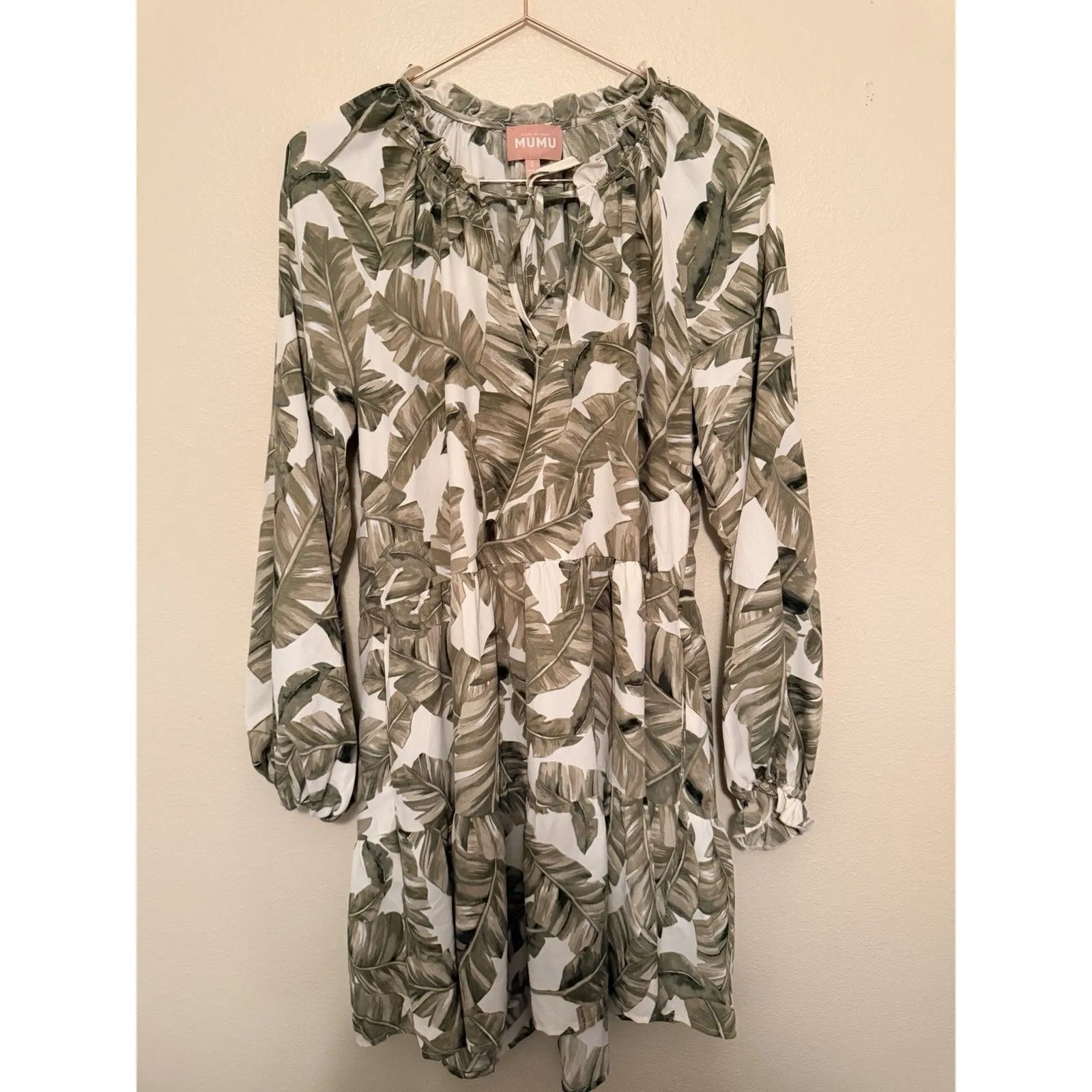 Show Me Your Mumu Birdie Mini Dress Green Palm Leaf Print Size S Long Sleeve - Image 3