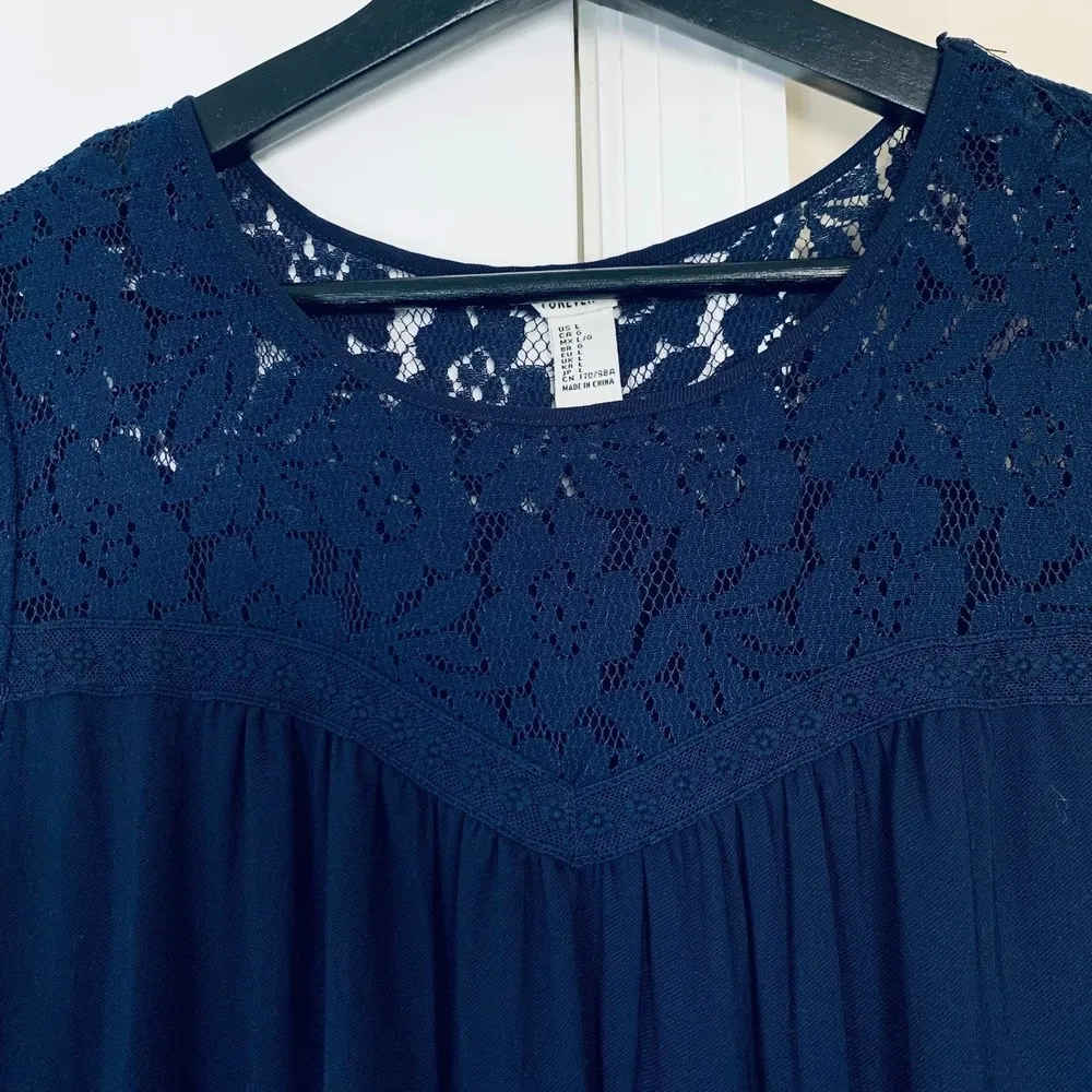 Forever 21 Navy Embroidered Lace Flowy Babydoll A-Line Dress | Size: L - Image 4