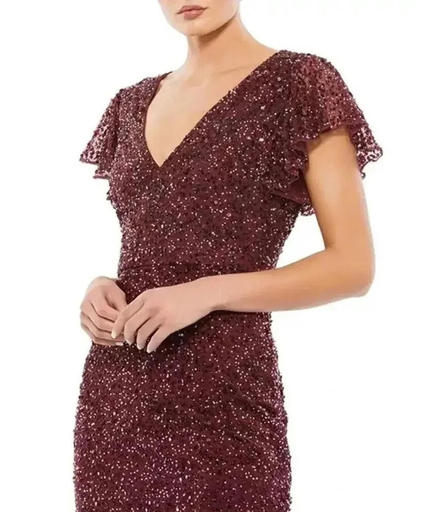 NEW- NWT Mac Duggal SEQUINED V NECK FLUTTER CAP SLEEVE TRUMPET DRESS SZ 0 - Image 3