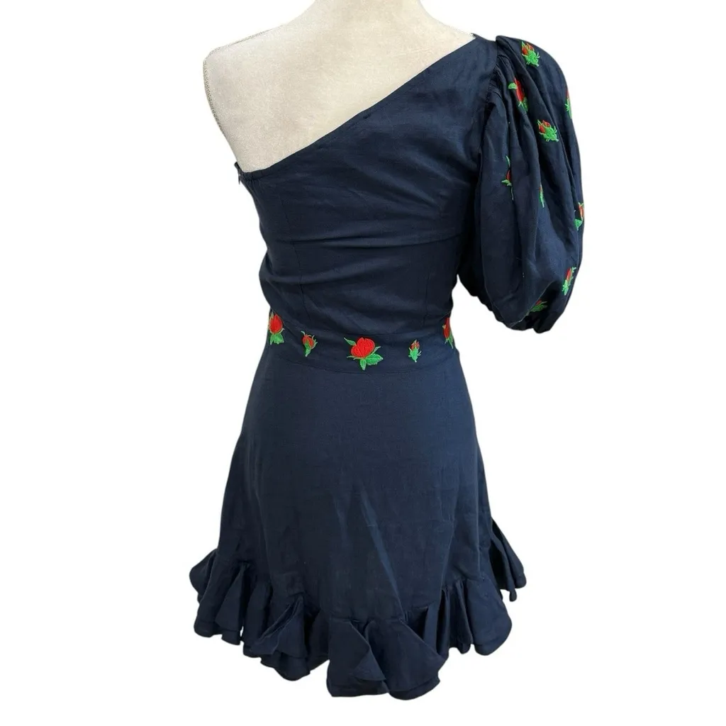 Fanm Mon Flame Linen One Sleeve Ruffle Hem Floral Embroidery‎ Mini Dress S NWT Blue - Image 7