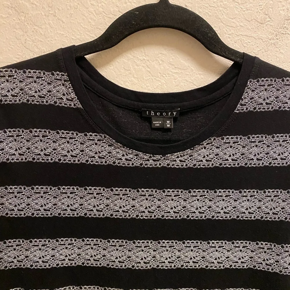 Theory Black & White Cherry Lace Print Striped T-Shirt Mini Dress Size Medium - Image 3