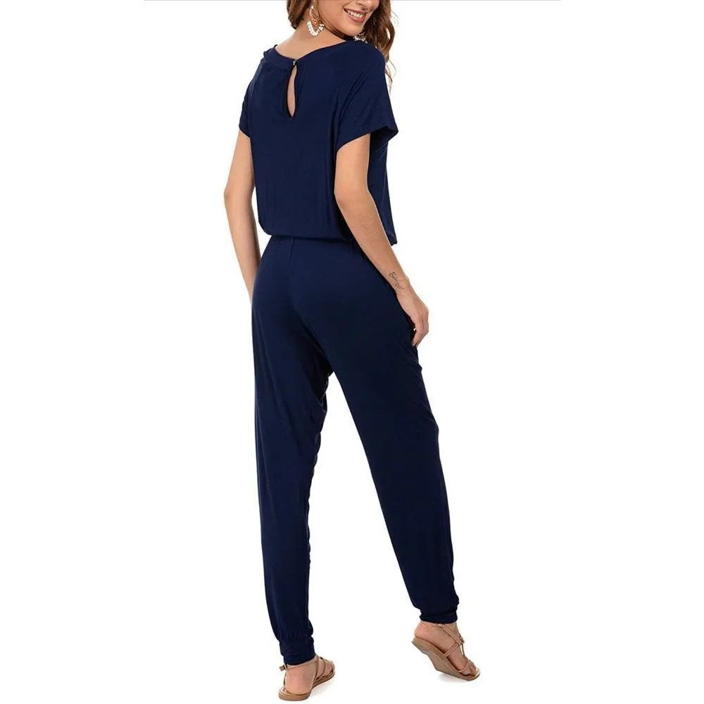 NEW Casual Short Sleeve Jumpsuit Elastic Waist Jumpsuit w Pockets 3X Blue Size undefined - Image 2