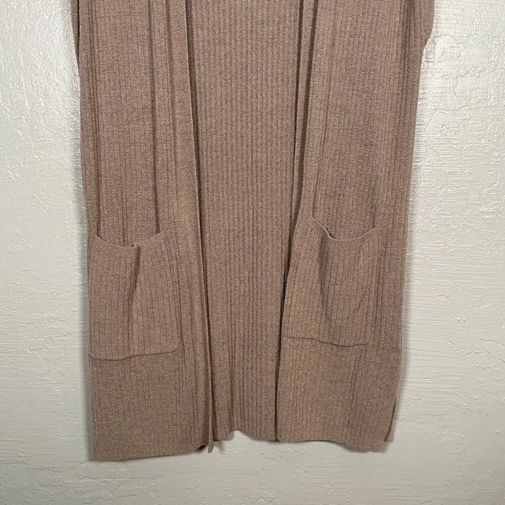 Women XS Taupe Brown Vest Sweater Open Front Ribbed Pockets - Image 2
