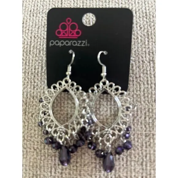 Paparazzi dangly earrings‎ silver with purple beads. - Image 3