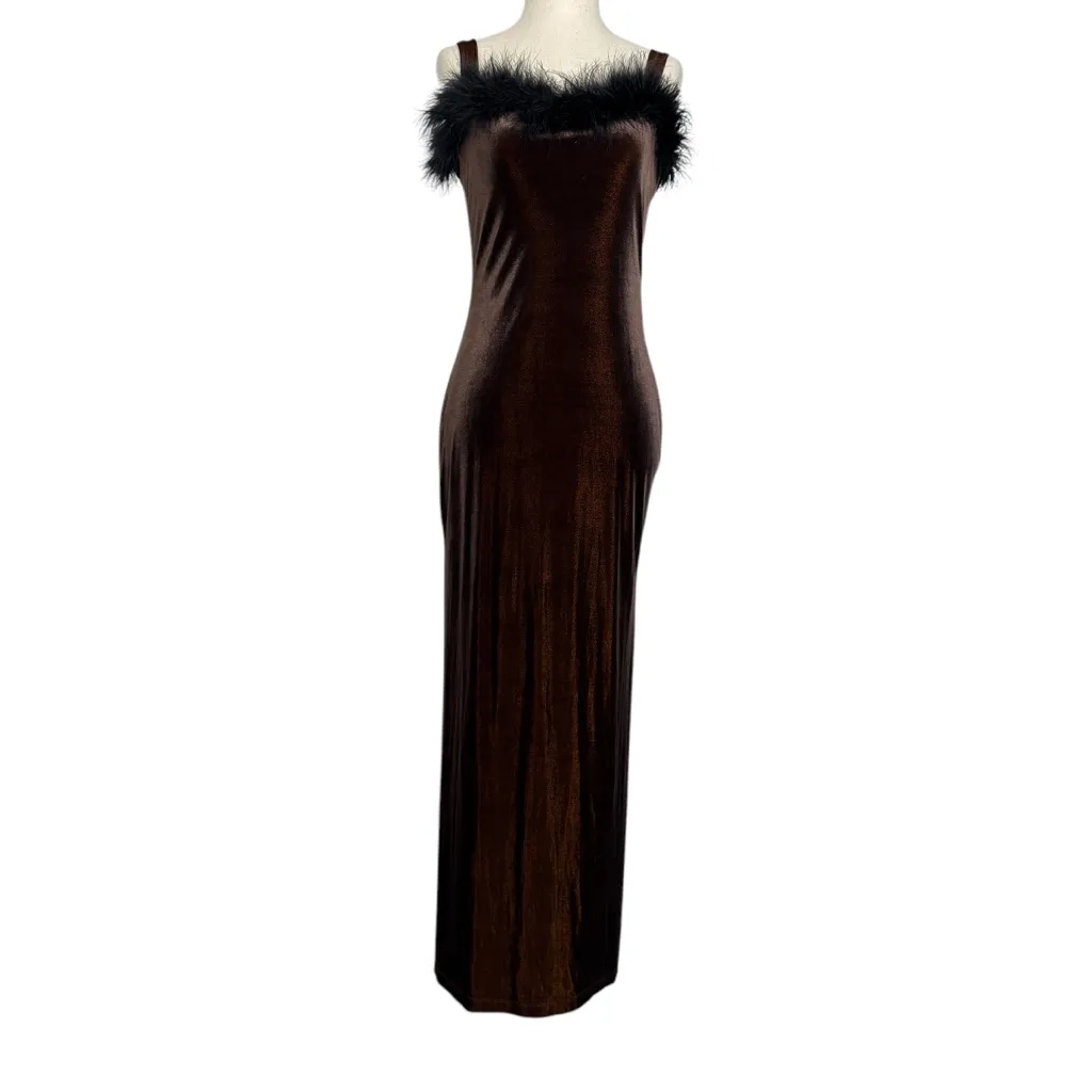 Vintage Beware Copper Velvet Feather Trim Midi Slip Party Dress Black Size M - Image 11