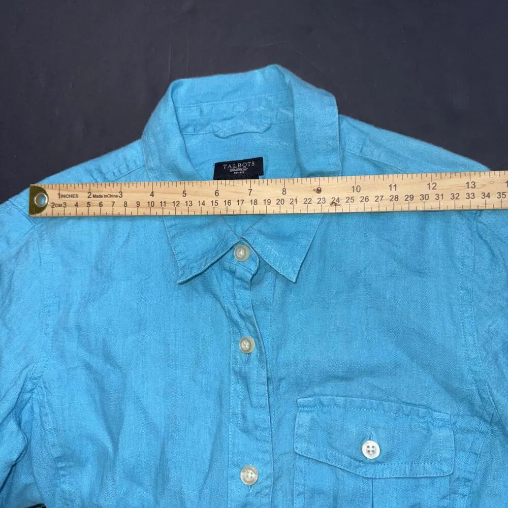 Talbots Petites 100% Pure Irish Linen Quiet Luxury Button Up Pocket Blouse Top S - Image 2