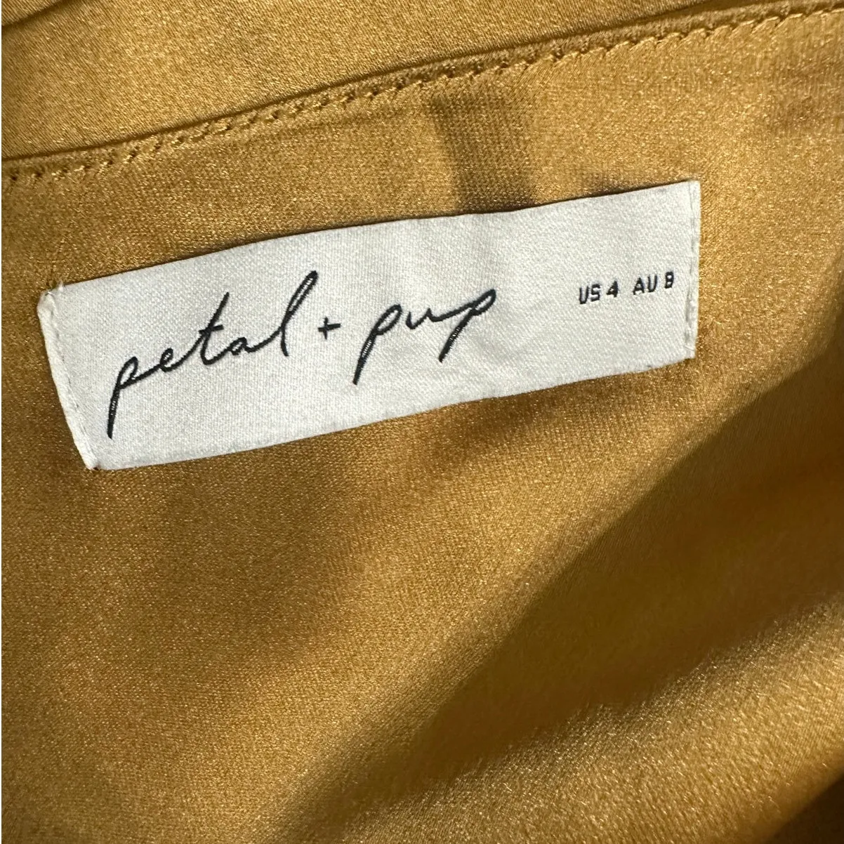 Petal & Pup Maxi Dress Satin Bronze Yellow One Shoulder Ruched - Image 3