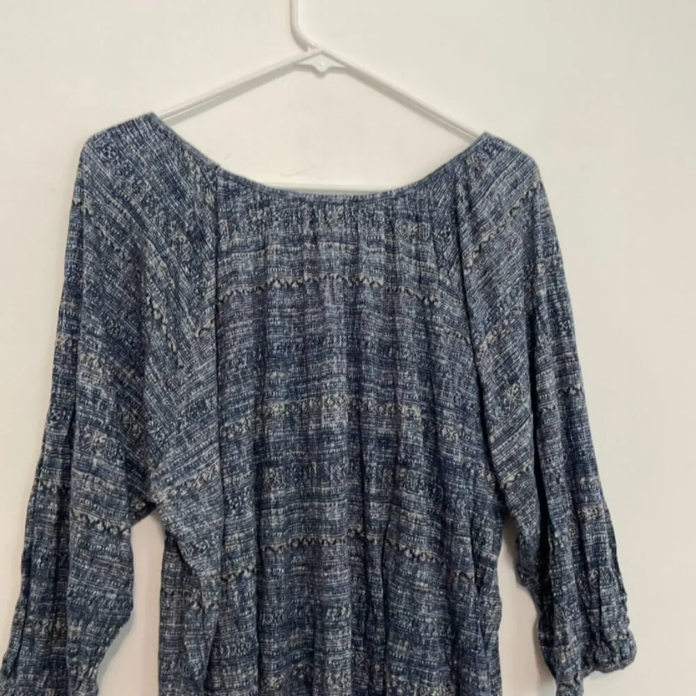 CHELSEA & THEODORE Plus Size Blue Cream Aztec Tribal 3/4 Sleeve Peasant Blouse - Image 11