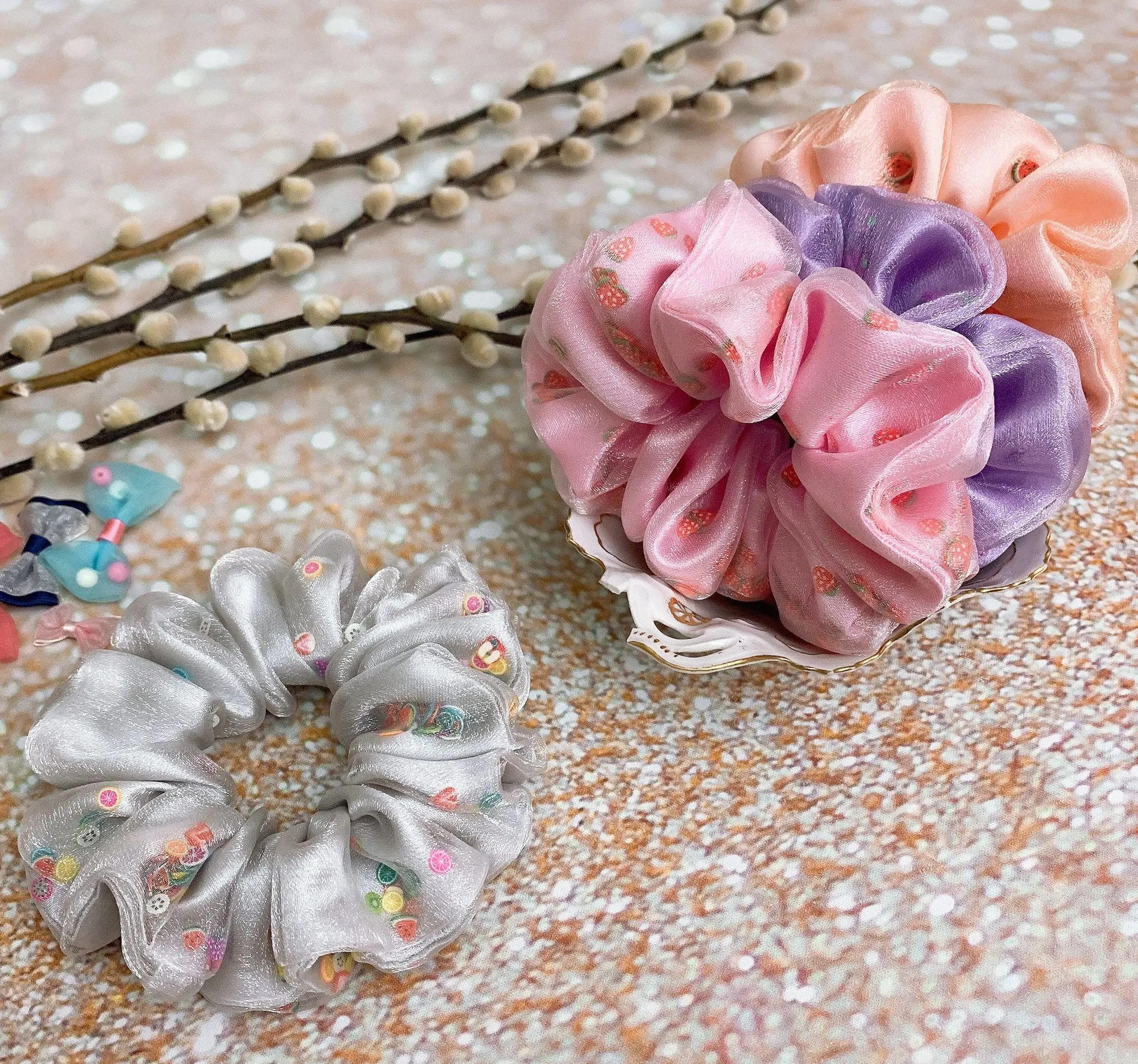 Silver Crystal Organza And Satin Double Layered Mixed Fruit Shaker Scrunchie Filled Scrunchie - Image 7
