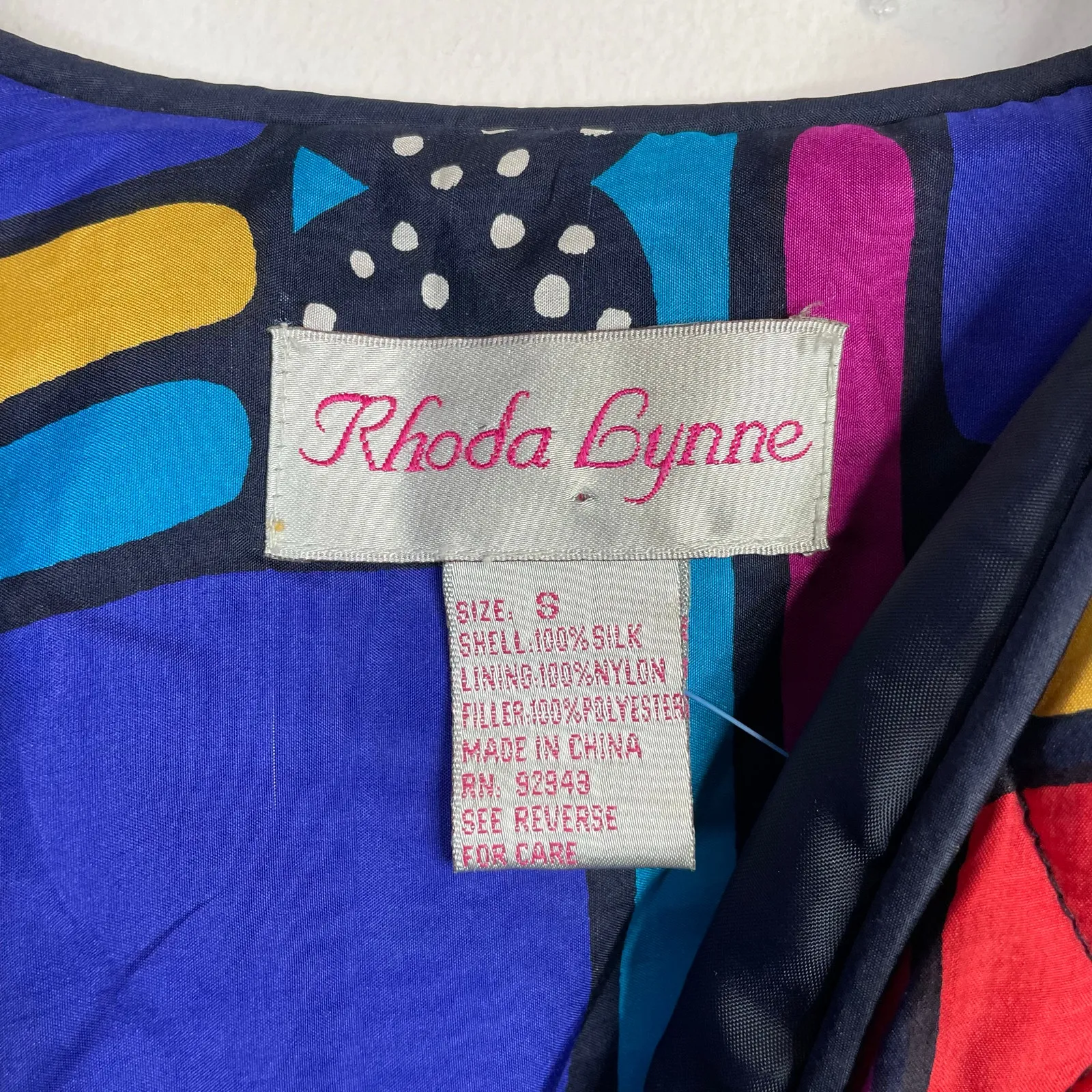 Vintage Rhoda Lynne Quilted Silk Open Jacket 90s Colorful Oversized Womens S Blue - Image 10