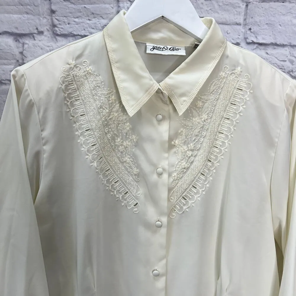 Vintage Yves St Clair Ivory White Embroidered Blouse Size 18 Eyelet Pleats - Image 3