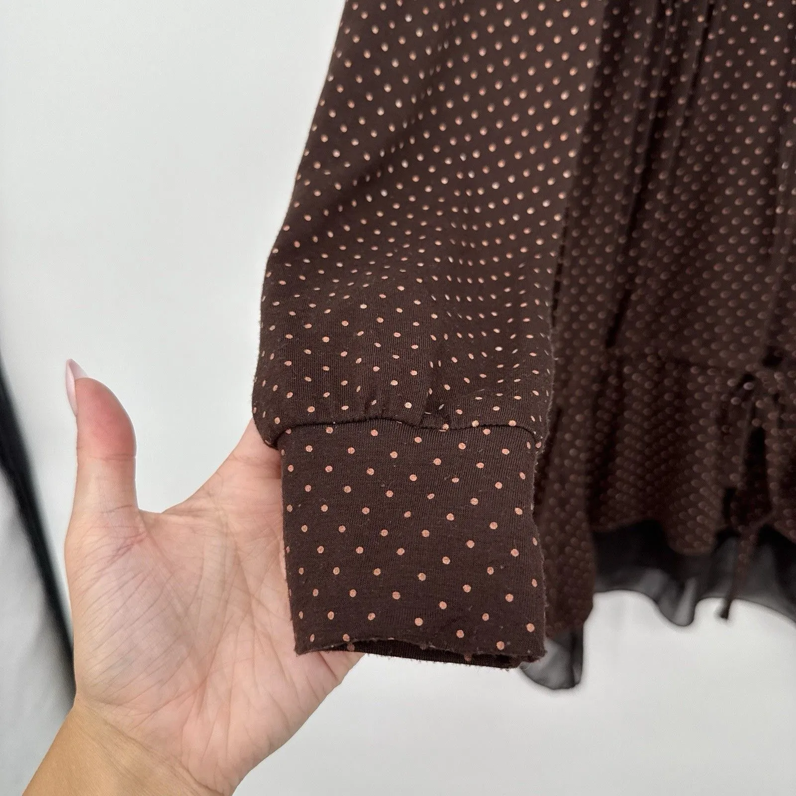 Brown Polka Dot Long Sleeve Blouse Top Ruffle China Fall Size Medium - Image 3