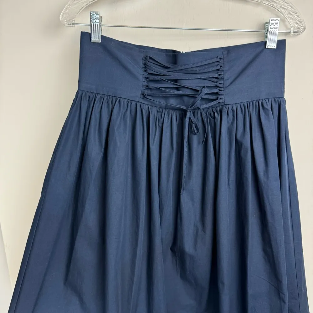 Zara Corset Lace Up Waist Midi Skirt Sz Medium Navy Blue Poplin Cotton - Image 11