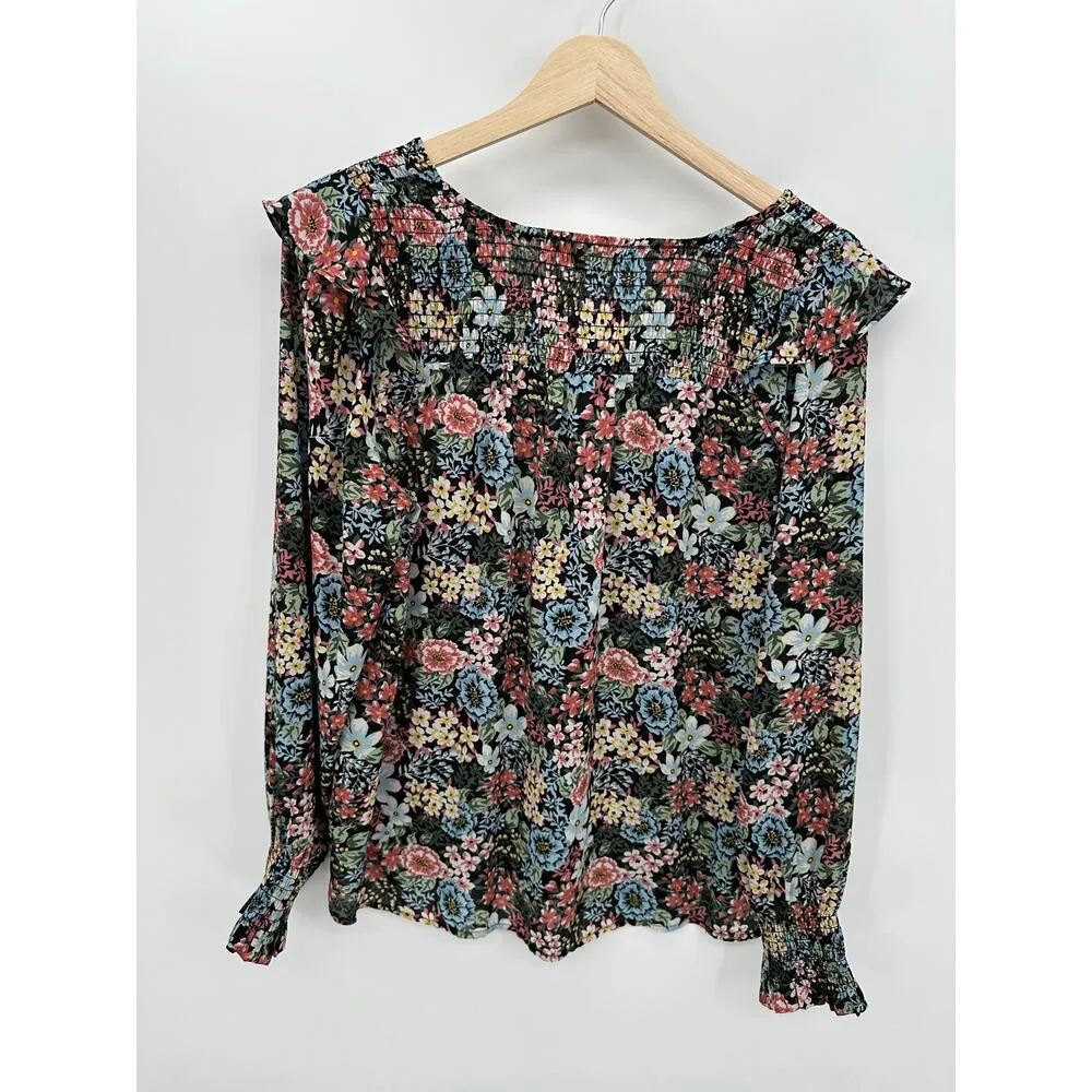 Loft Women Blouse Black Floral Ruffle Sheer Size Medium Dark Feminine Smocked - Image 2