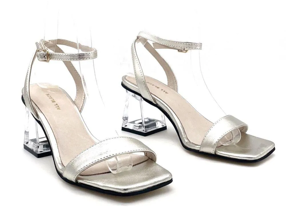 All Black Crystal Lady Sandal Size EU 37 | US 6.5 Platinum Leather Lucite Heel Silver - Image 4