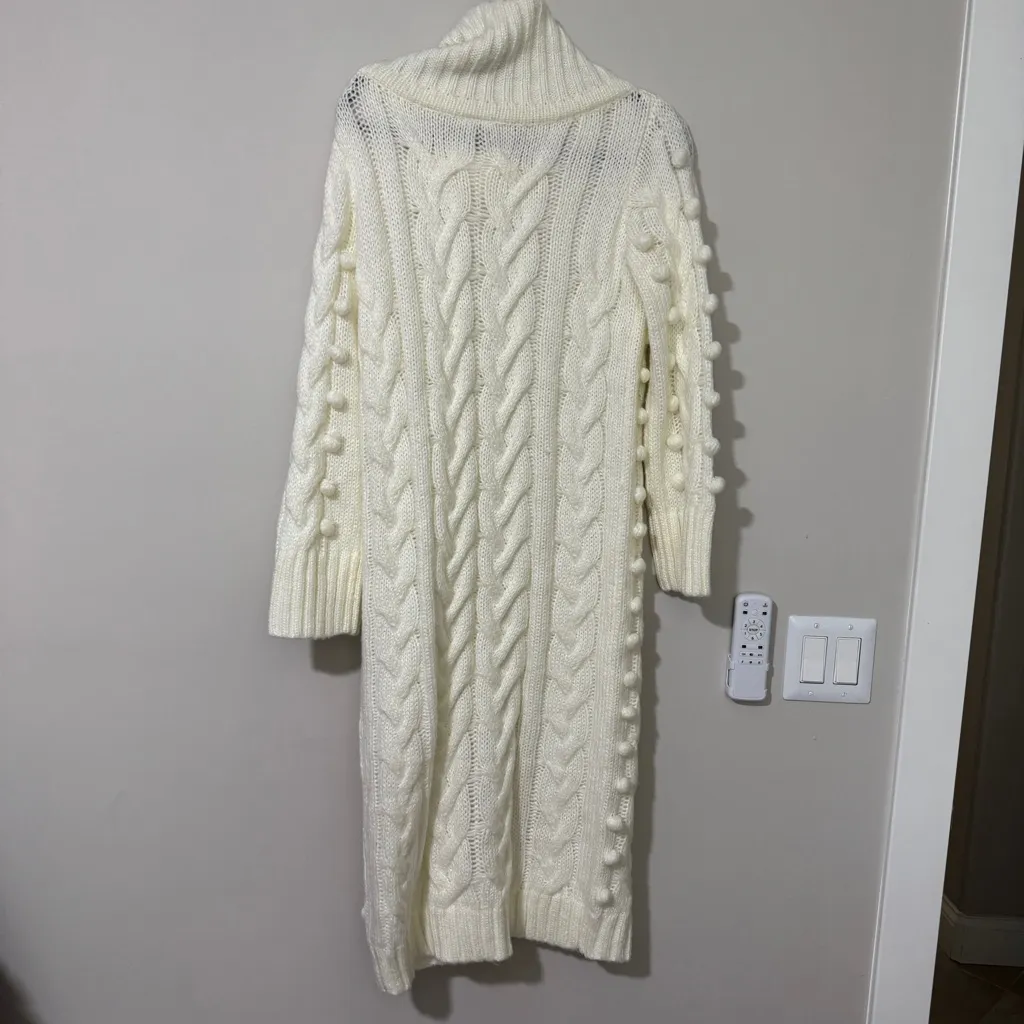 Farm Rio Chunky Cable Knit Sweater Dress Ivory Size XS Pompoms - Image 5