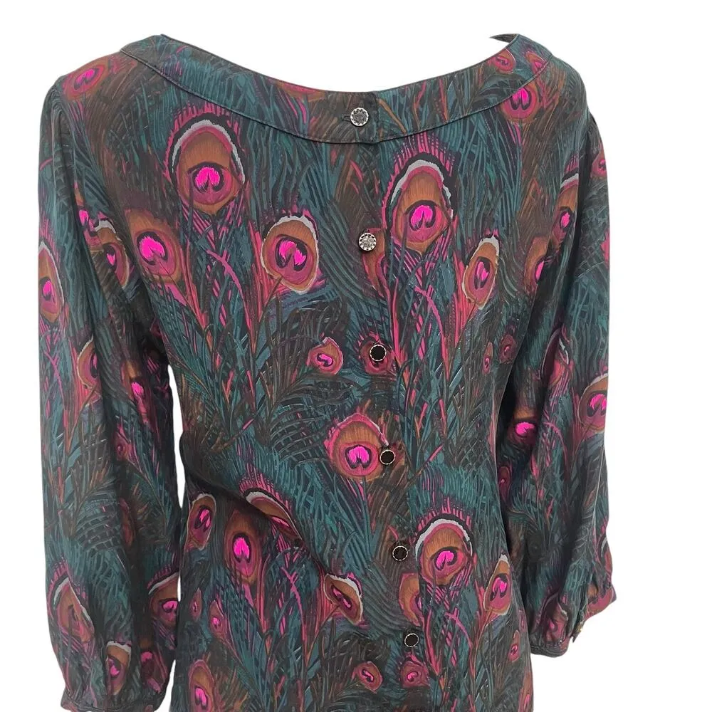 Britt Ryan Blouse Shirt Sz M 100% Silk Peacock Feather 3/4 Sleeve Loose Boho - Image 7