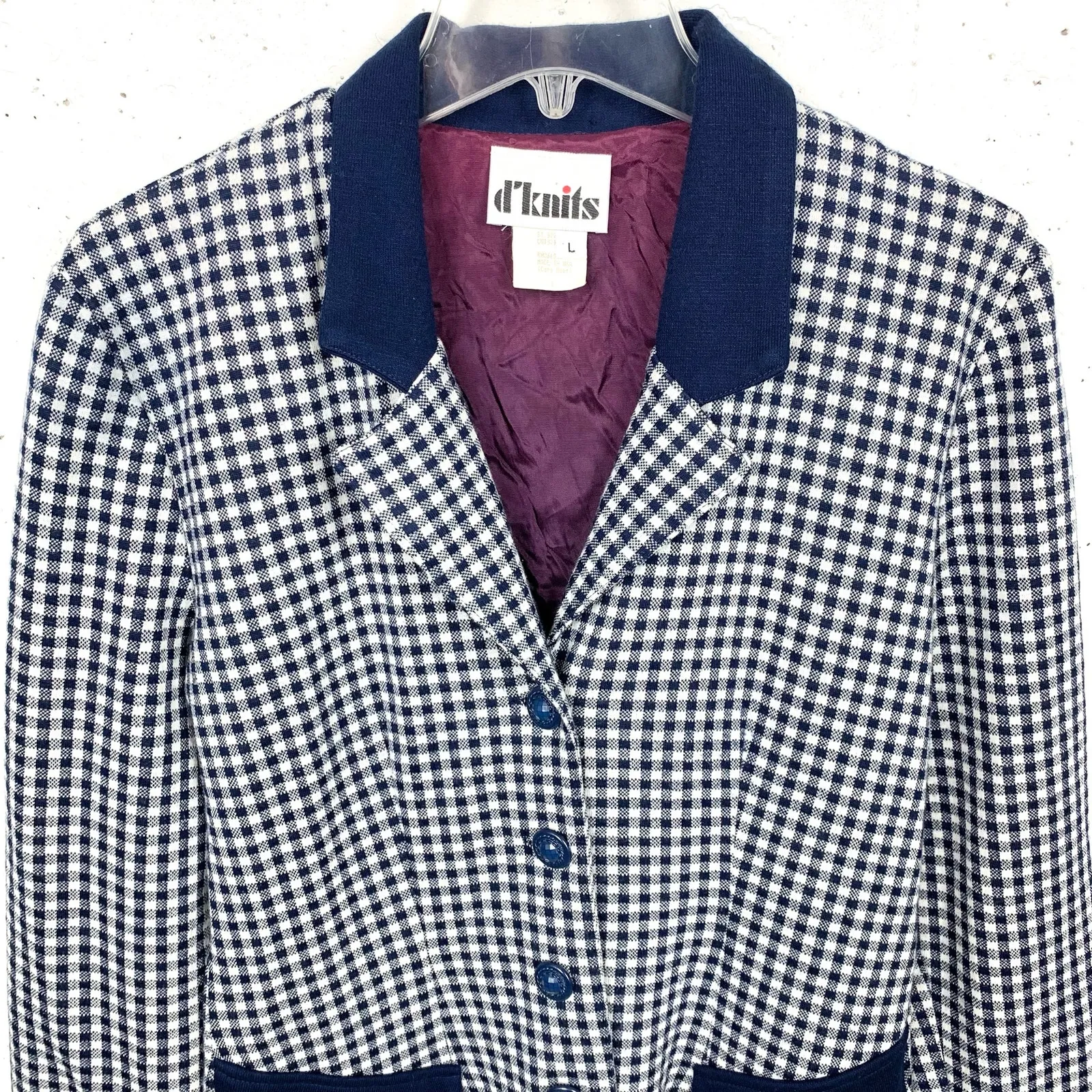 Vintage d'knits Womens Gingham Blazer 3 Button Navy White Notch Collar Medium Blue - Image 7
