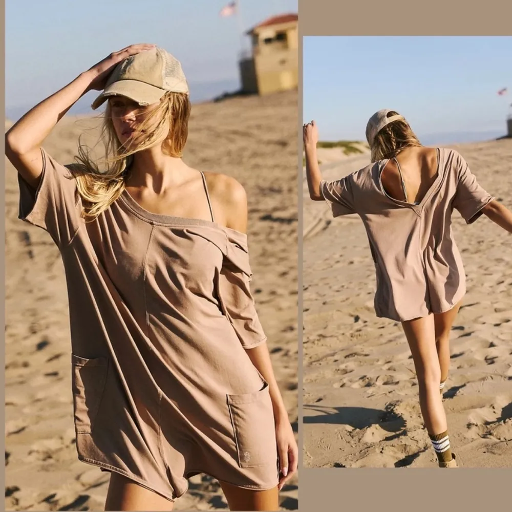 NEW! $60 FREE PEOPLE Movement Size Small HOT SHOT TEE ROMPER ONESIE Mocha Latte - Image 12