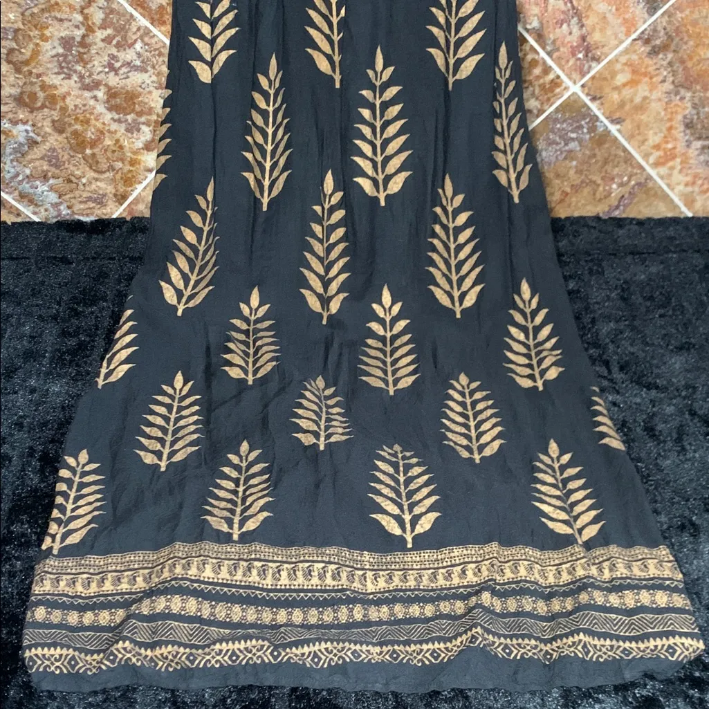 Vintage Lapogee Women's Black Gold Floor Length Botanical Printed Dress Size S - Image 7