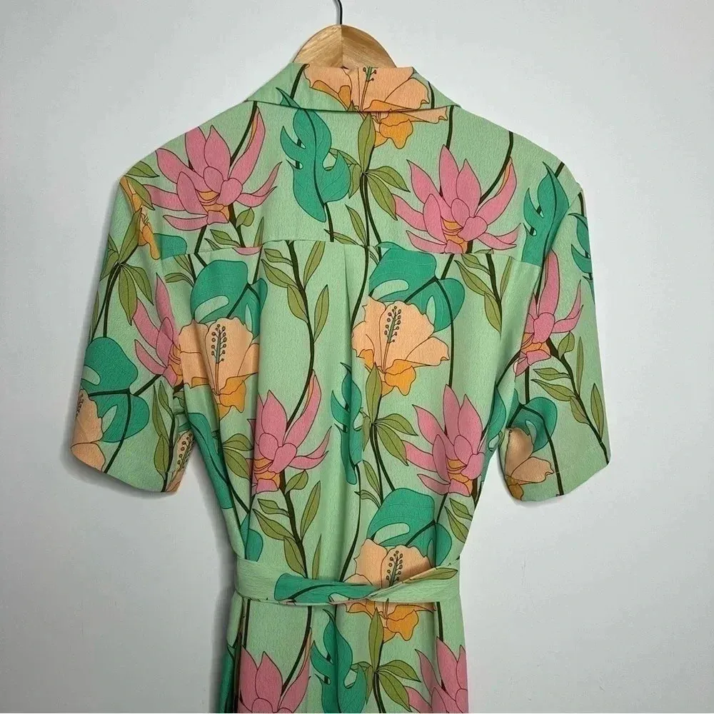 Lulus Totally Tropical Light Green Floral Print Button-Up Shirt Dress Small - Image 9