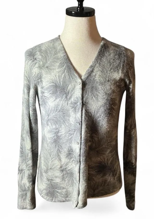 SARAH SPENCER Wool Feather Print Cardigan Sweater Womens M V Neck Button Up Knit Size M - Image 1