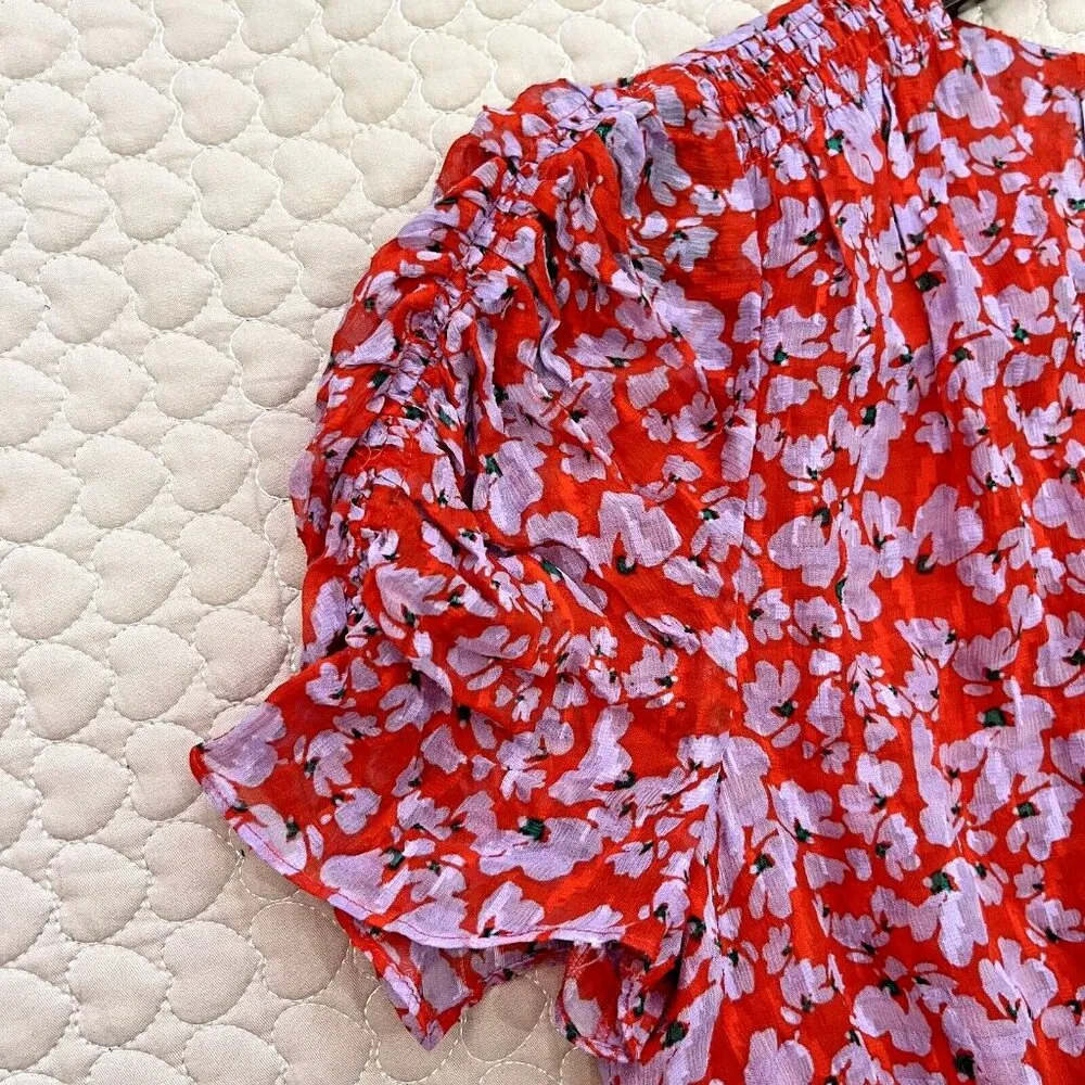 $495 NWOT Tanya Taylor Zora Floral Silk Blend Mini Dress 4 Puff Ruched Sleeve - Image 7