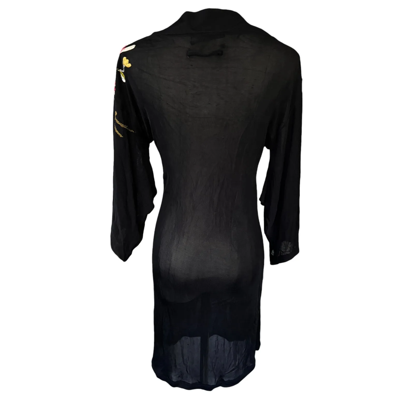 Jean Paul Gaultier Vintage Floral Hummingbird Kimono Sleeve Mesh Mini‎ Dress Black Size L - Image 2