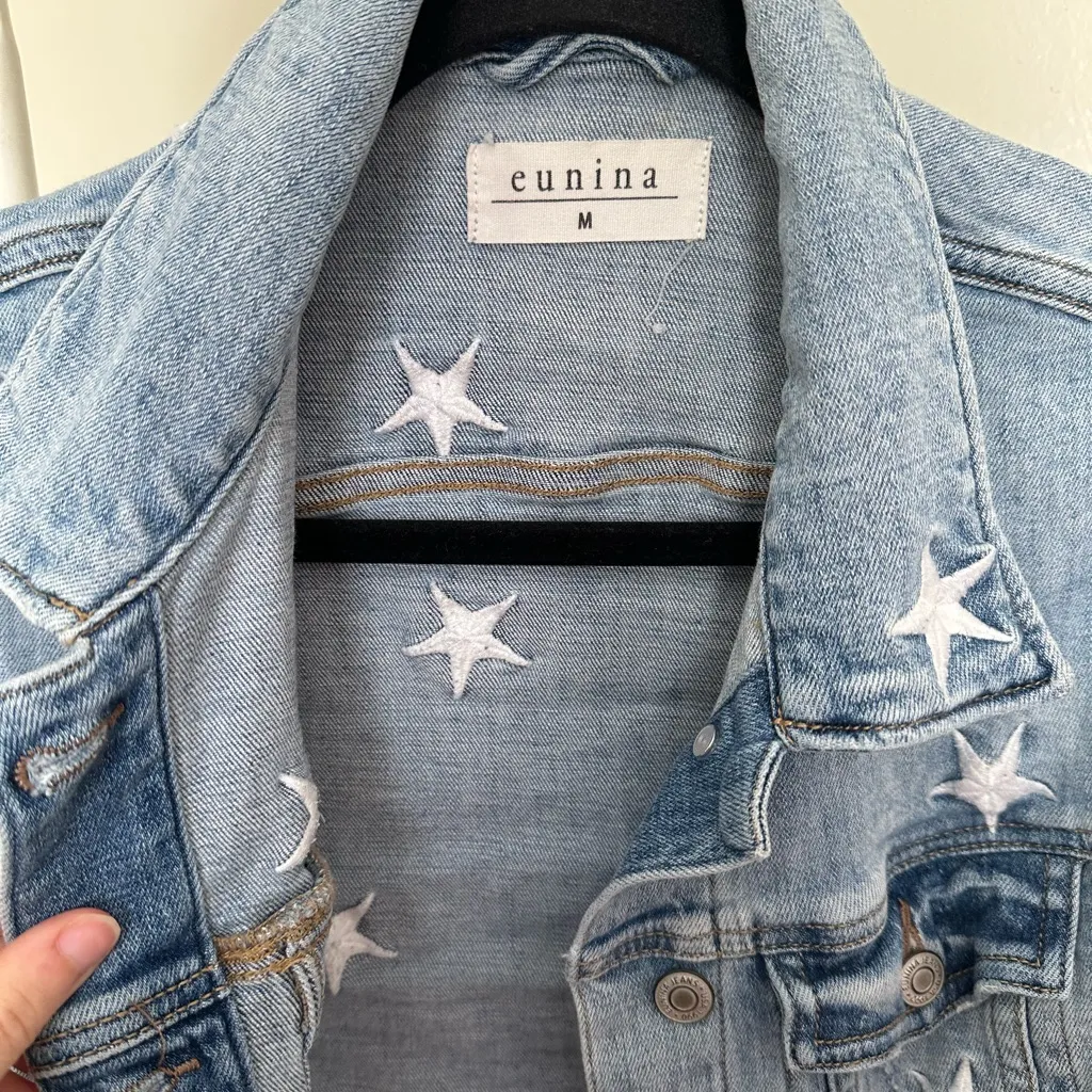 Eunina Light Wash Denim Jacket with White Embroidered Stars size medium - Image 3