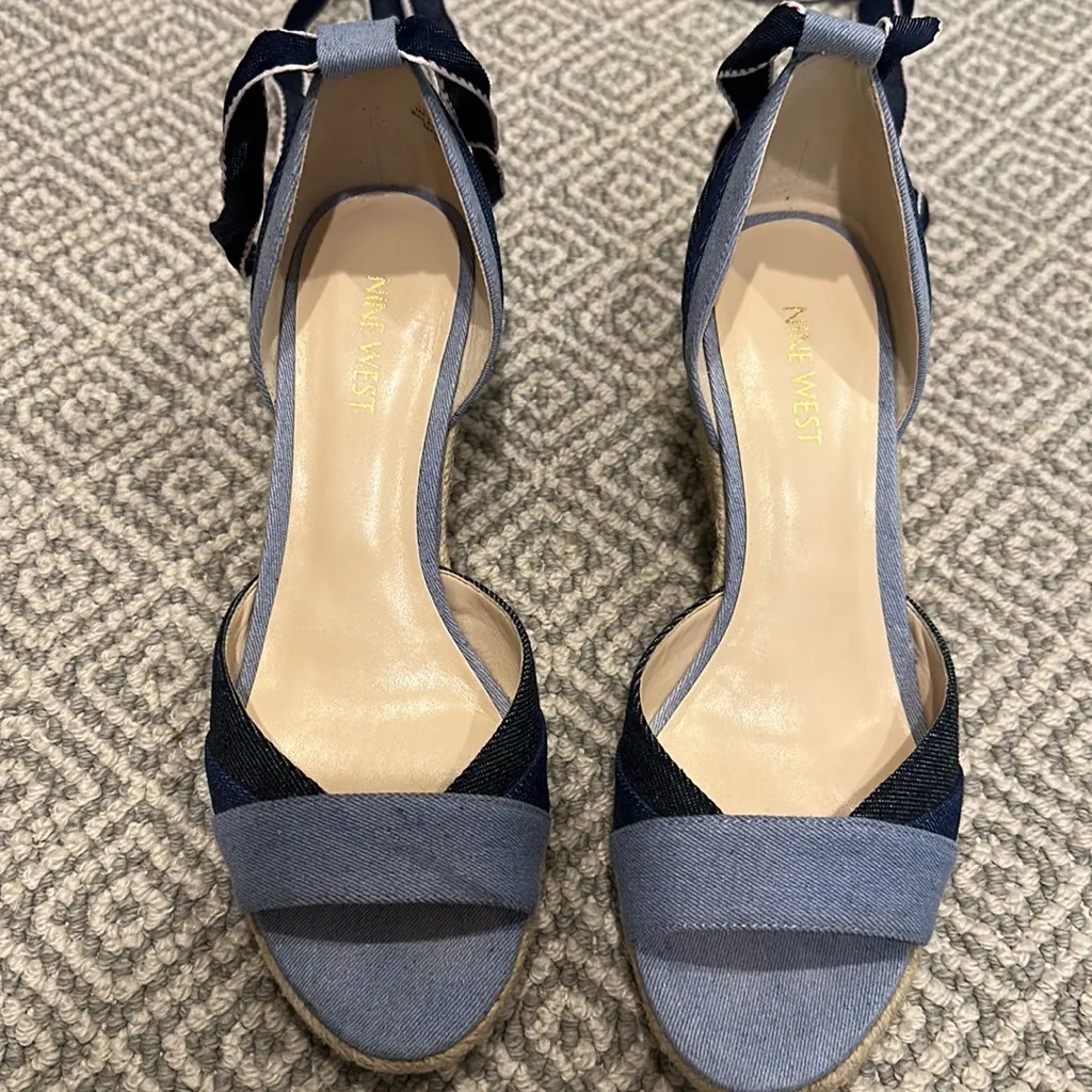 Nine West denim wedge. Grosgrain ribbon wraps around calves. Size 7.5 - Image 2