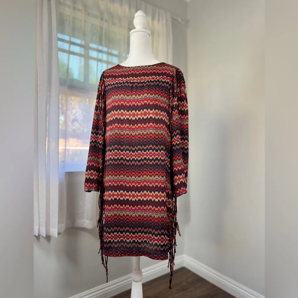 Zara Multicolored Zigzag Print Fringed Long Sleeve Midi Dress - Image 3