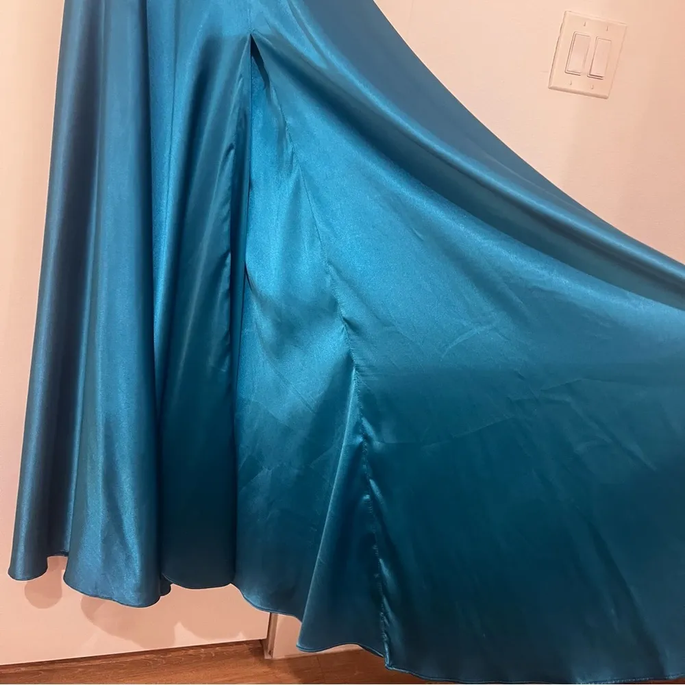 Teal Silky Charmeuse Lace Up Back Formal Gown - Image 7