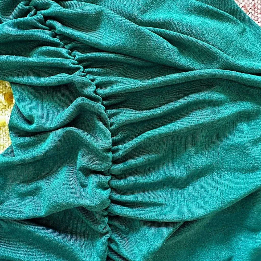 Endless Blu One Shoulder Asymmetrical Ruched Midi Dress in Blue Green size M Size M - Image 12