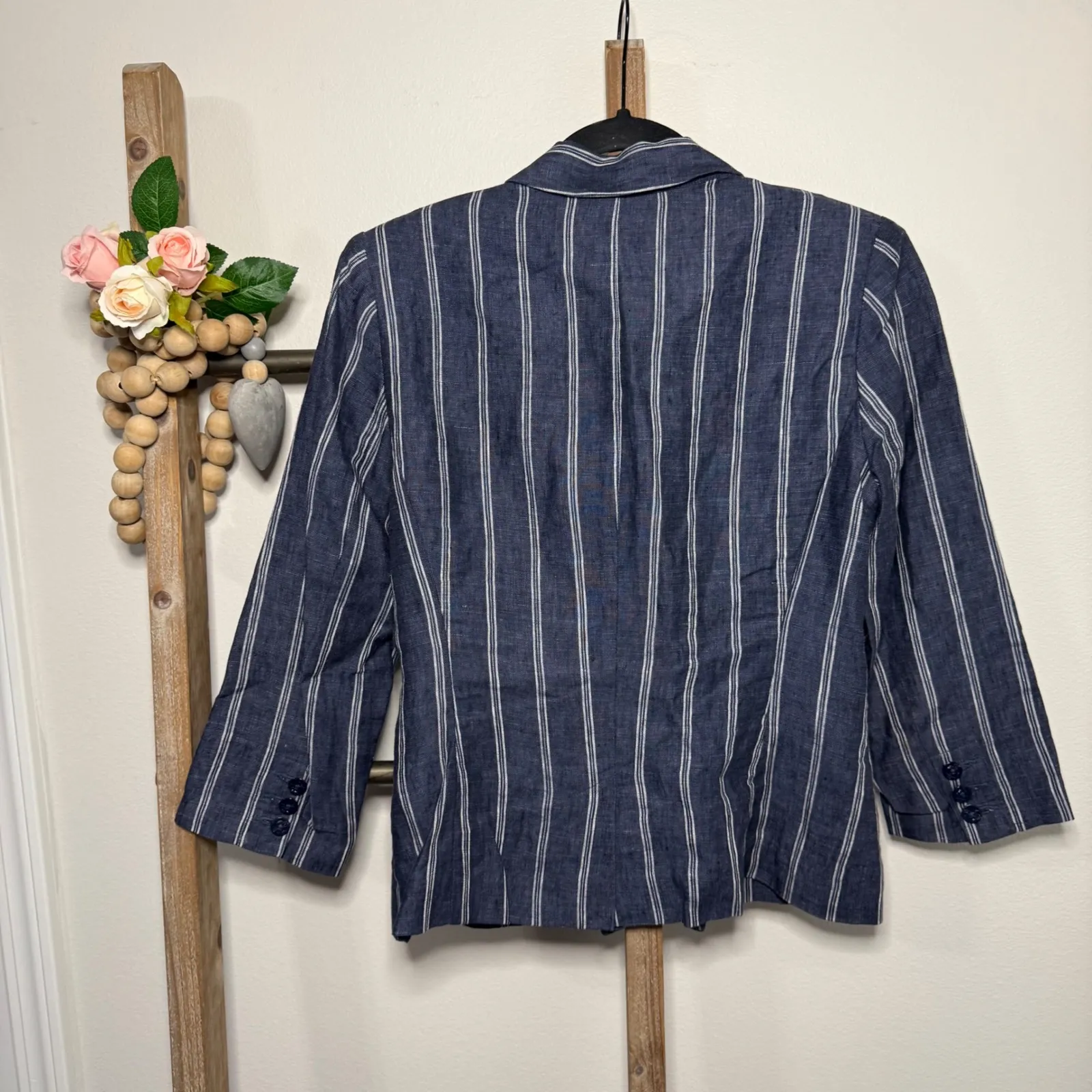 Cabi Womens Blazer Size 8 Navy White Stripe Linen Button Front Style 871 - Image 4