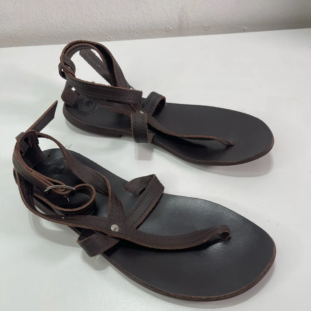 Espresso Brown Women 38 (7) Thong Strappy Sandals Leather Rubbersole Made Greece - Image 2