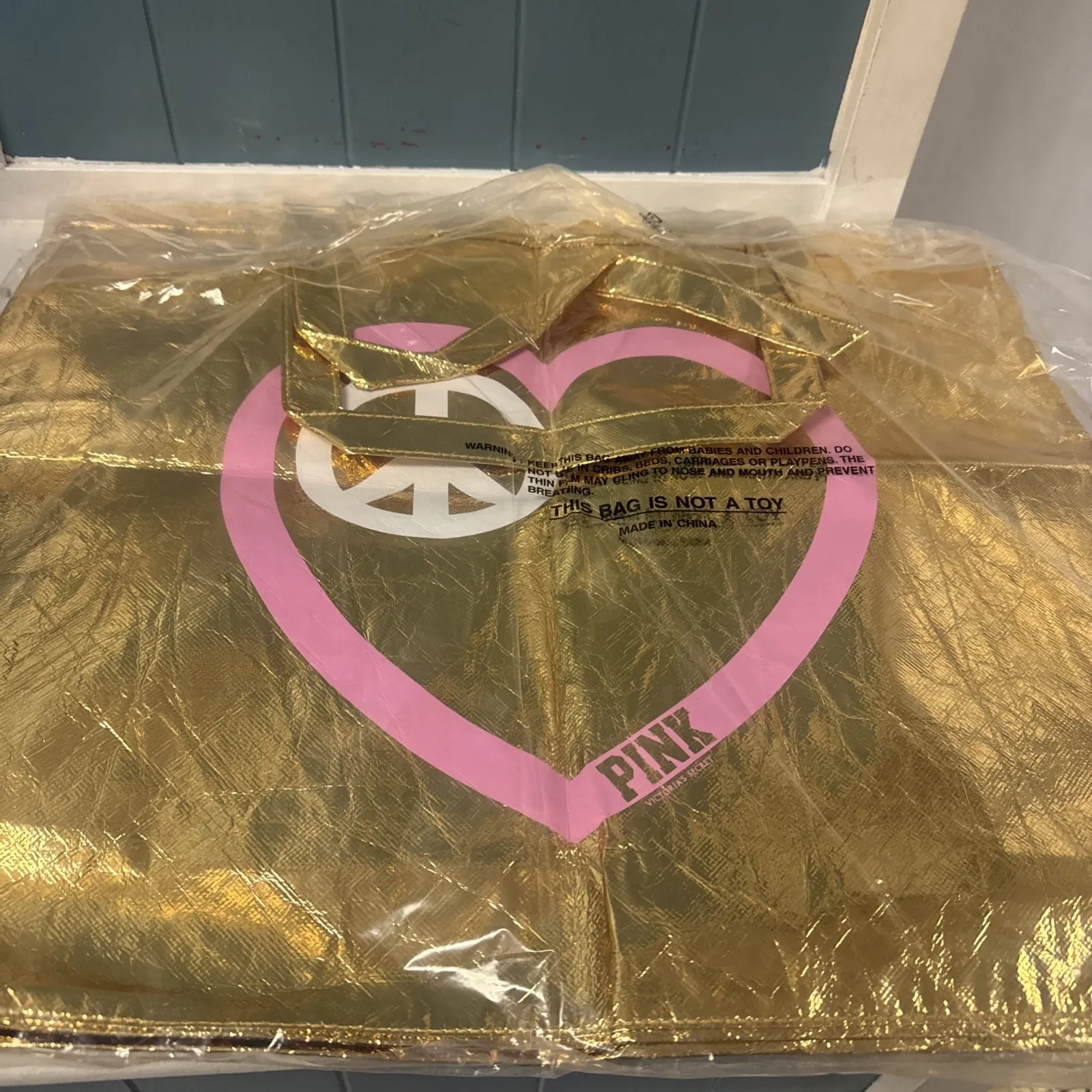 PINK Victoria's Secret Gold Tote Shopping Bag New With Tags 20"‎ x 17" - Image 4