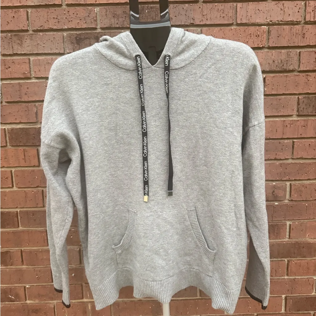 Calvin Klein Hoodie Sweater Gray Logo Drawstring Women's Grey Tight Knit EUC - Image 4