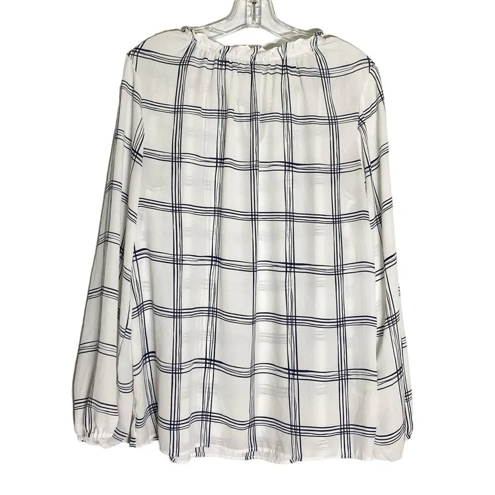 Loft Women's Tops Ruffle Tie-Neck White Blue Windowpane Dress Blouse‎ - L - Image 2