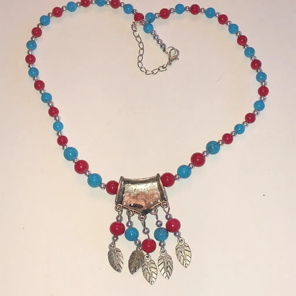 Turquoise Color and Red Beaded Boho Silver Tone Feather Necklace Blue - Image 4