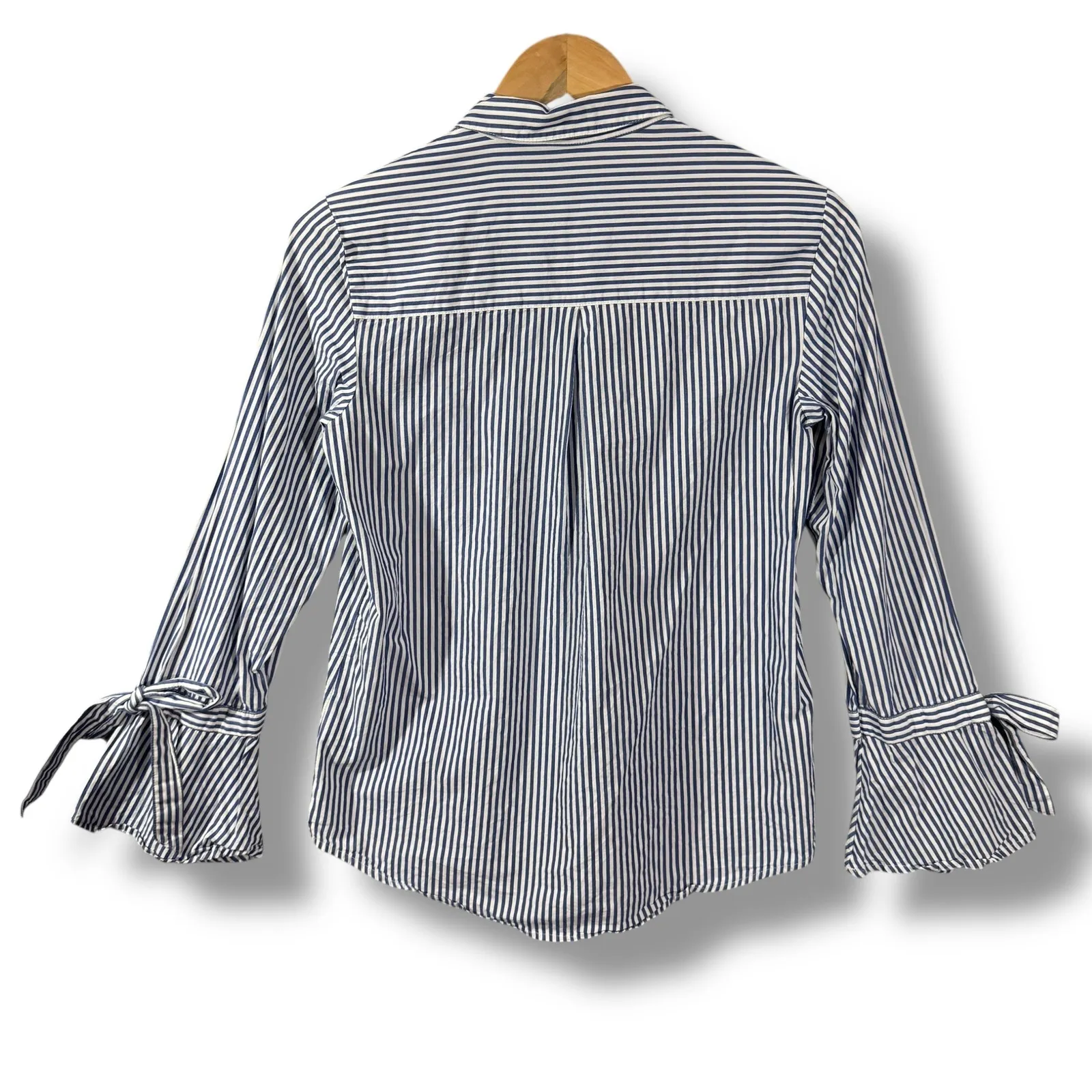 Esprit Blue White Stripe Button Up Shirt Bell Sleeve Tie Cuff Women Size 6 - Image 3